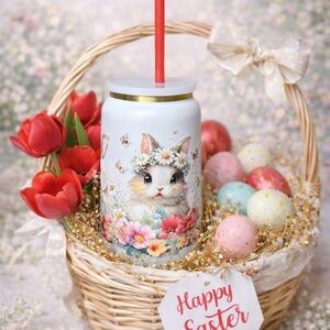 Charming Bunny Floral Cup with Red Straw